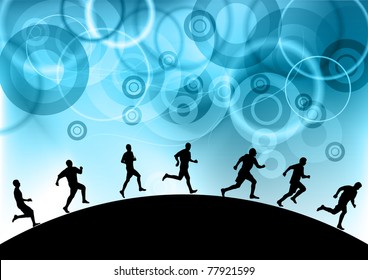 runners under the blue abstract sky