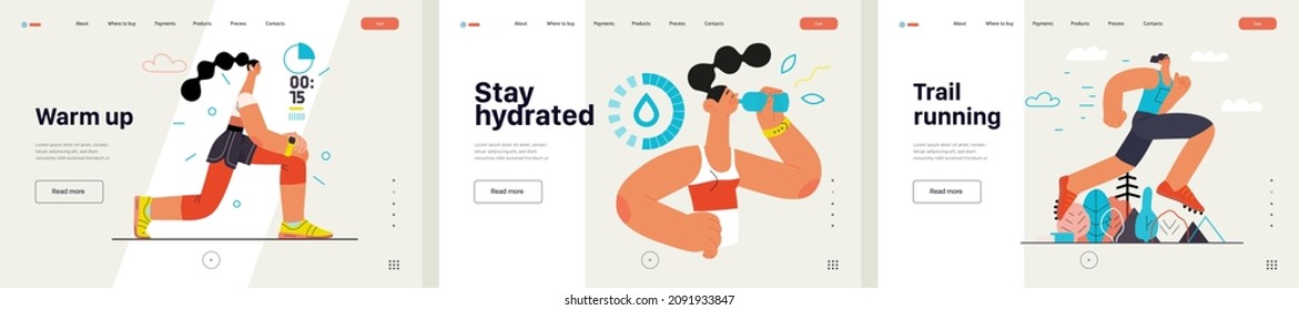 Runners website templates set. Flat vector concept illustrations of athletes running in a park, forest, stadium track or street landscape. Healthy activity and lifestyle. Sprint, jogging, warming up.