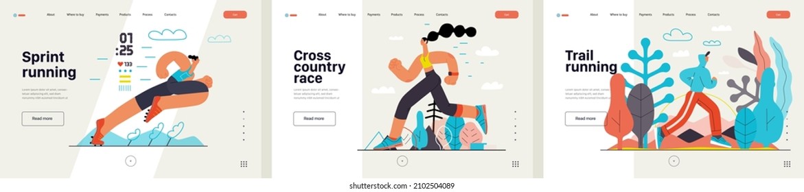 Runners website templates set. Flat vector concept illustrations of athletes running in a park, forest, stadium track or street landscape. Healthy activity and lifestyle. Sprint, jogging, warming up.