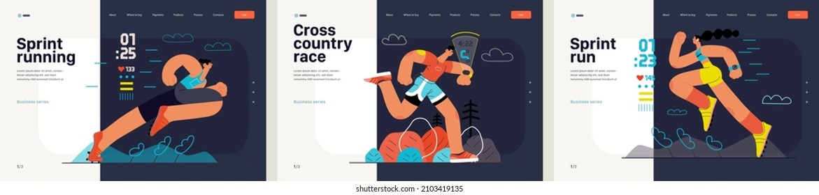 Runners website templates set. Flat vector concept illustrations of athletes running in a park, forest, stadium track or street landscape. Healthy activity and lifestyle. Sprint, jogging, warming up.