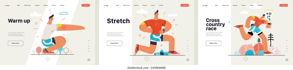 Runners website templates set. Flat vector concept illustrations of athletes running in a park, forest, stadium track or street landscape. Healthy activity and lifestyle. Sprint, jogging, warming up.