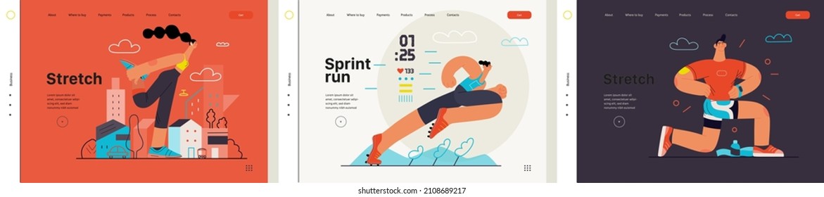 Runners website templates set. Flat vector concept illustrations of athletes running in a park, forest, stadium track or street landscape. Healthy activity and lifestyle. Sprint, jogging, warming up.