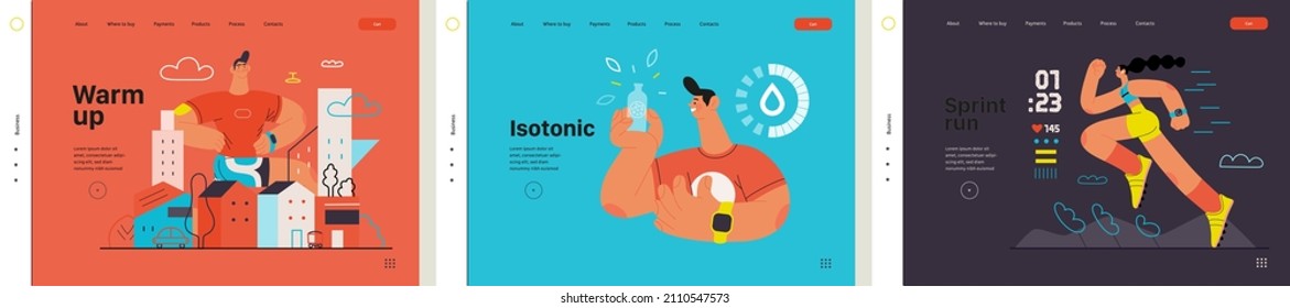 Runners website templates set. Flat vector concept illustrations of athletes running in a park, forest, stadium track or street landscape. Healthy activity and lifestyle. Sprint, jogging, warming up.