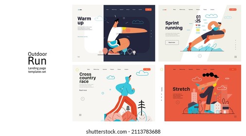 Runners website templates set. Flat vector concept illustrations of athletes running in a park, forest, stadium track or street landscape. Healthy activity and lifestyle. Sprint, jogging, warming up.