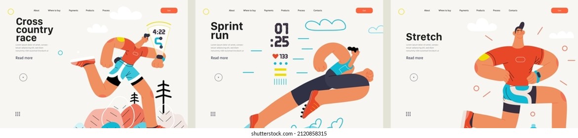 Runners website templates set. Flat vector concept illustrations of athletes running in a park, forest, stadium track or street landscape. Healthy activity and lifestyle. Sprint, jogging, warming up.