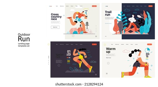 Runners website templates set. Flat vector concept illustrations of athletes running in a park, forest, stadium track or street landscape. Healthy activity and lifestyle. Sprint, jogging, warming up.