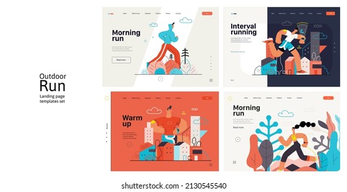 Runners website templates set. Flat vector concept illustrations of athletes running in a park, forest, stadium track or street landscape. Healthy activity and lifestyle. Sprint, jogging, warming up.