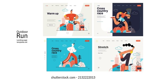 Runners website templates set. Flat vector concept illustrations of athletes running in a park, forest, stadium track or street landscape. Healthy activity and lifestyle. Sprint, jogging, warming up.