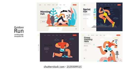 Runners website templates set. Flat vector concept illustrations of athletes running in a park, forest, stadium track or street landscape. Healthy activity and lifestyle. Sprint, jogging, warming up.