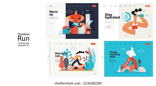 Runners website templates set. Flat vector concept illustrations of athletes running in a park, forest, stadium track or street landscape. Healthy activity and lifestyle. Sprint, jogging, warming up.