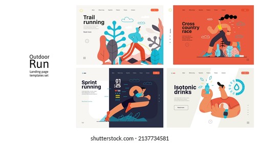 Runners website templates set. Flat vector concept illustrations of athletes running in a park, forest, stadium track or street landscape. Healthy activity and lifestyle. Sprint, jogging, warming up.
