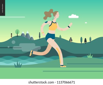 Runners - a woman running in the park -flat vector concept illustration of girl with headphones, sporting equipment and kinesio tapes. Healthy activity. Park, trees, hills and a lake landscape at dawn