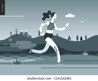 Runners - a woman running in the park - flat vector concept illustration of a girl with headphones, sporting equipment and kinesio tapes. Park, trees, hills and a lake landscape, black and white