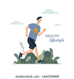 Runners. Young man running in the park. Healthy, active lifestyle. Flat cartoon vector illustration on white background.