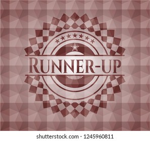 Runner-up red emblem or badge with abstract geometric polygonal pattern background. Seamless.