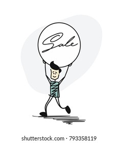 Runnig man showing board with text SALE, vector illustration. 