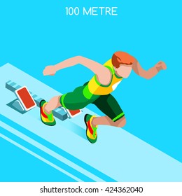 Running 100 Metre Dash Athletics Sportsman Games. Speed Concept. 3D Flat Isometric Athlete. Sport Athletic. Sport Competition Race Runner Sport People Set Infographic Track Field Events Vector Image