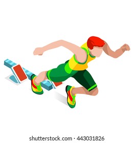 Running 100 Metres Dash Athletic set Sportsman Games. Speed Concept. 3D Isometric Athlete. Sport of Athletics. Sporting Competition Race Runner. Sport Infographic Track Field events Vector Image