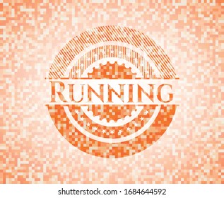 Running abstract emblem, orange mosaic background