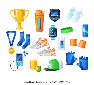 Running Accessories for fitness. Running Gear for female. Sports sneakers, shorts, leggings, pulsometer, fitness watch, cap, wristband, stopwatch, t-shirt, glasses, cup, armband, fitness drink vector