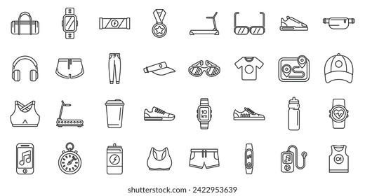 Running accessories icons set outline vector. Wrist pedometer. Fit walk runner