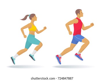 The running active people set. Side view of sporty running young man and woman in a sportswear. Sport, jogging, fitness, training concept. Flat vector illustration isolated on white background.