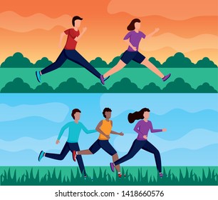 running activity banner people practicing exercise outdoor vector illustration