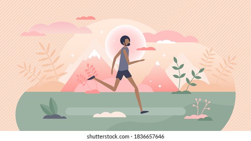 Running activity as male physical sport training exercise tiny person concept. Trail run in outdoors as healthy workout in fresh air vector illustration. Man athlete daily prepare routine for marathon