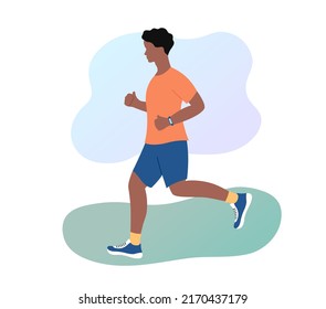 Running african american man outdoors. Young athletic man jogging in sportswear with fitness bracelet. Healthy lifestyle and sport concept. Morning jog in park. Flat vector illustration. 