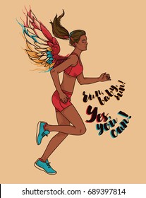 running african american woman with colorful wings, motivation poster, vector illustration