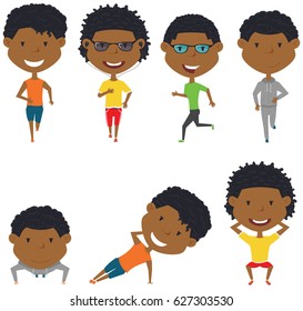 Running African-American boys. Summer male workout exercise: jogging, squats, side plank and push ups.  Fitness sport people vector set. Active healthy training outside.