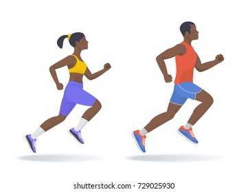 The running afroamerican active people set. Side view of sporty running young man and woman in a sportswear. Sport, jogging, fitness, training concept. Flat vector illustration isolated on white.