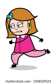 Running in Aggression - Retro Cartoon Female Housewife Mom Vector Illustration