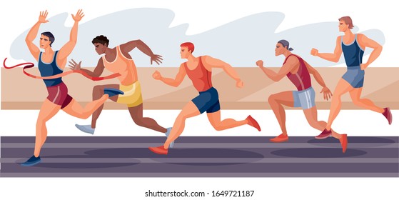 running agility, men run fast and one of them runs first and crosses the finish line, joy, success, disappointment, despair,