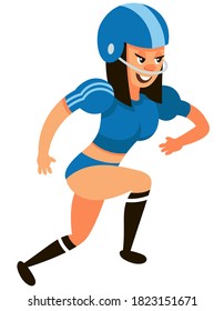 Running American Football Player. Female Character In Cartoon Style.