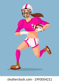 Running American Football Player. Female Person In Cartoon Style.