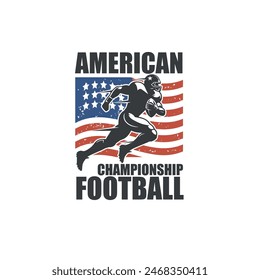 Running American football player silhouette, american flag vintage logo vector illustration