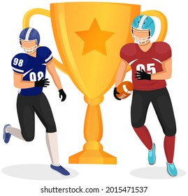 Running american football players cartoon vector sports characters in uniforms and helmets. Game competition and rivalry on field. Professional athletes exercising before championship match at stadium