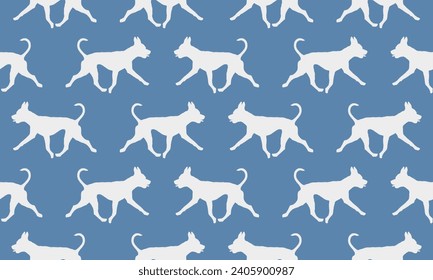 Running american pit bull terrier isolated on a blue background. Seamless pattern. Endless texture. Pet animals. Design for wallpaper, template, print. Vector illustration.