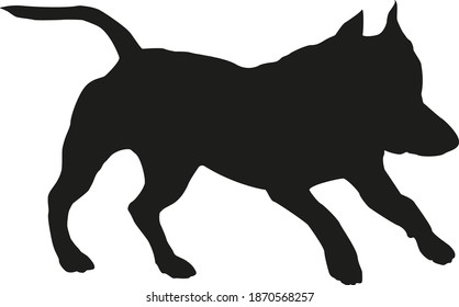 Running american staffordshire terrier puppy. Black dog silhouette. Isolated on a white background. Vector illustration.