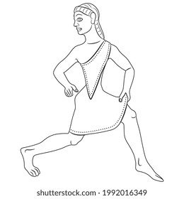 Running ancient Greek girl. Spartan lady in short chiton. Sportive Amazon woman in active pose. Black and white linear silhouette.