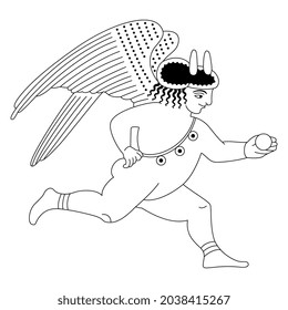 Running ancient Greek god of love Cupid. Funny winged baby Amur. Vase painting style. Black and white silhouette.