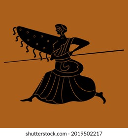 Running ancient Greek warrior woman with shield and spear. Goddess Athena. Black silhouettes on orange background. Vase painting style.
