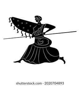 Running ancient Greek warrior woman with shield and spear. Goddess Athena or Amazon. Black and white negative silhouette. Vase painting style.