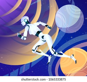 Running Android robot woman in space, Futuristic vector fantasy art of the future. overcoming space, interplanetary flights, new technologies call for action and activity