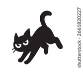 Running Angry Black Cat Silhouette in Cartoon Style