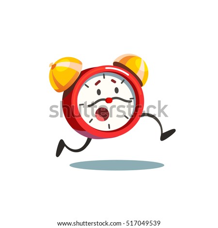 Running animated alive alarm clock with legs and worried face and moustache time arrows. Flat style vector illustration isolated on white background.