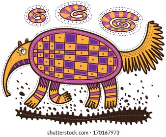 Running anteater on which colored clouds float