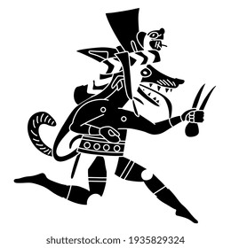 Running anthropomorphic coyote or fox. Native American trickster hero. Ancient Peruvian animal art of Moche or Mochica Indians. Black and white silhouette.
