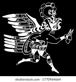 Running anthropomorphic eagle. Ancient Peruvian Native American art of Mochica or Moche Indians. White silhouette on black background. Hand drawn rough sketch.